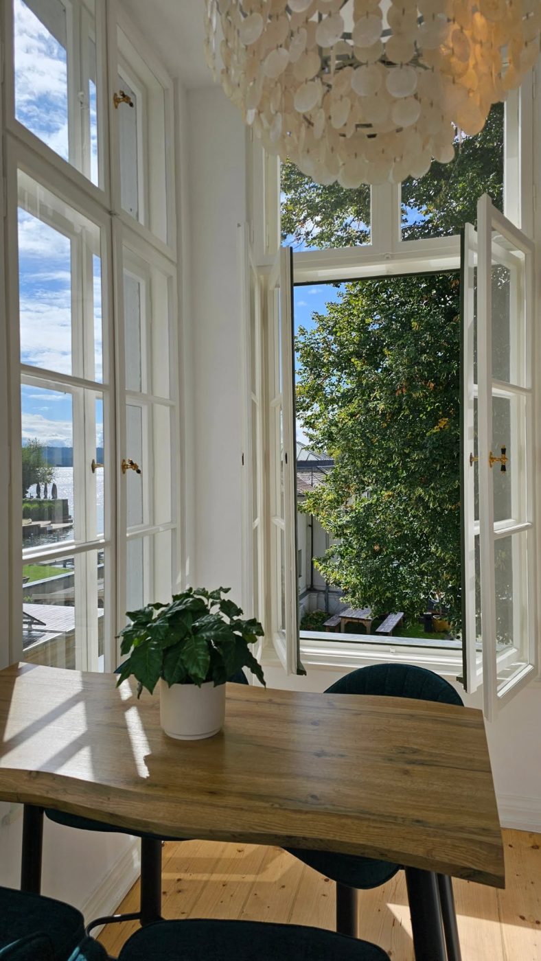 Blick aus einem Büro der Weißen Villa ins Grüne und aufs Wasser